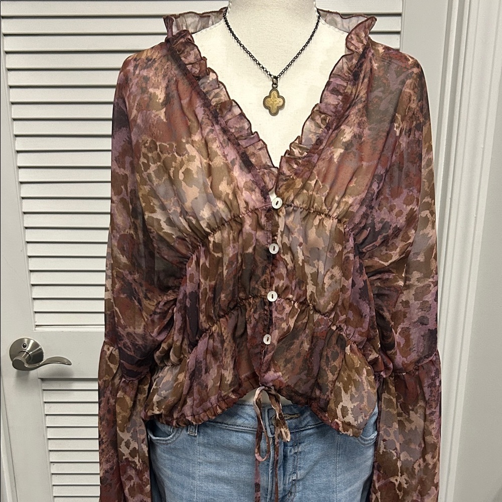 Vestique Sheer Ruffled Button-Up Blouse - Cheetah Print Browns and Mauves